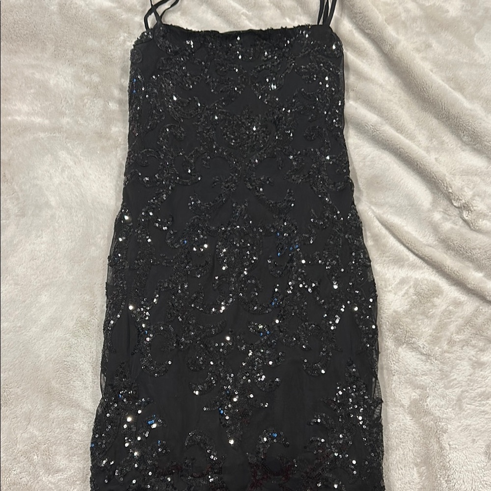 B Darlin Black and Silver Sequin Sheath Dress
